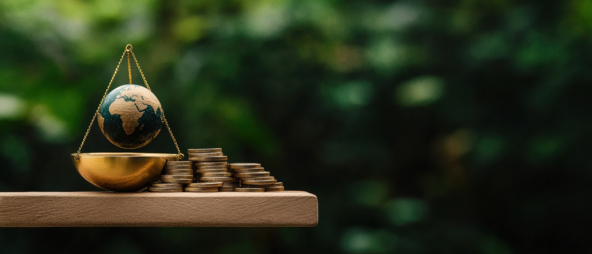A globe on a balance scale beside stacked coins.